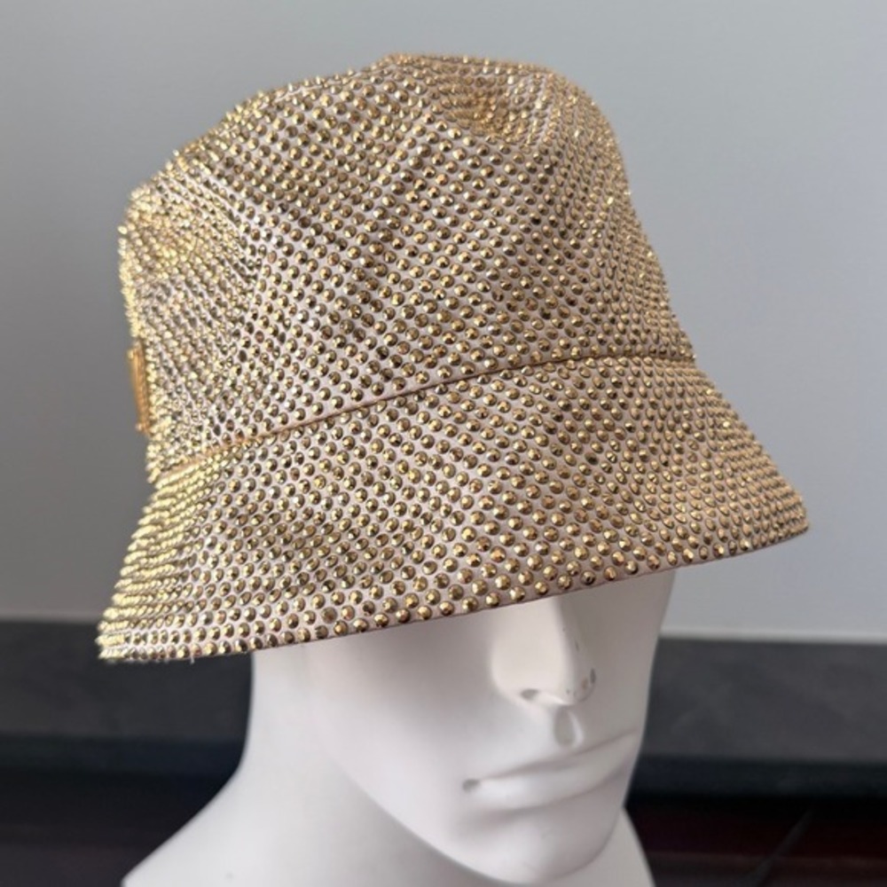 Prada Crystal Re-Nylon Bucket Hat Platino Gold 1HC137 Medium NEW - Picture 4 of 8